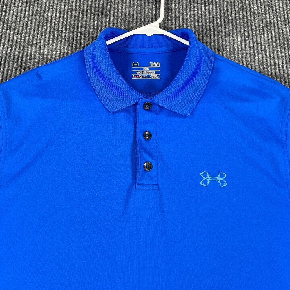 Under Armour Polo Shirt Mens Large Blue Short Sleeve Fishing Golf Heat Gear